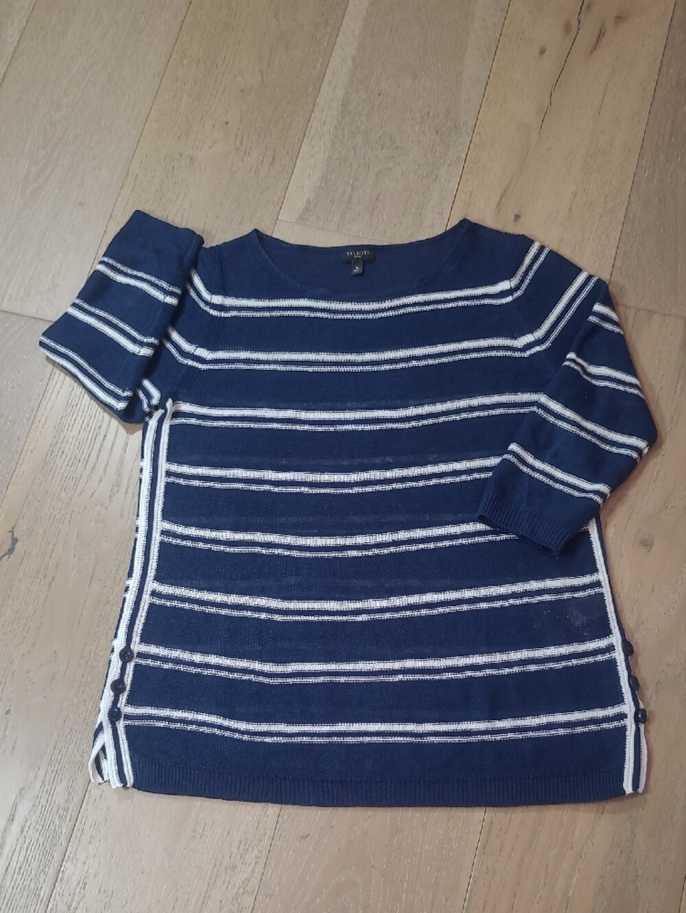 EUC Talbots Sweater Women's sz SP Linen Blue/White 3/4 Sleeve Knit